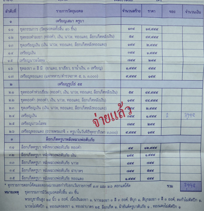 ใบจองเหรียญครูบาฯวัดดับภัย เนื้อเงิน 2 เหรียญ