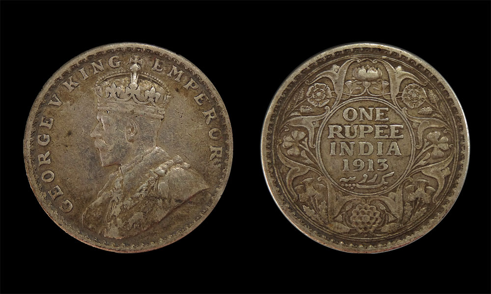 เหรียญเงินโบราณรูปีอินเดียเงินแท้ ปี 1913
